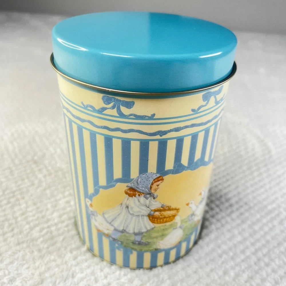 Vintage Country Girl and Geese Nesting Kitchen Canister Tin Set of 3 Blue Cream